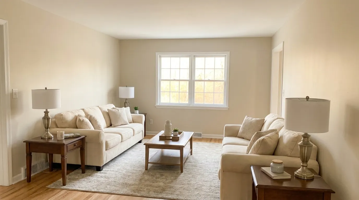 Same living room fully rebuilt and restored after fire damage