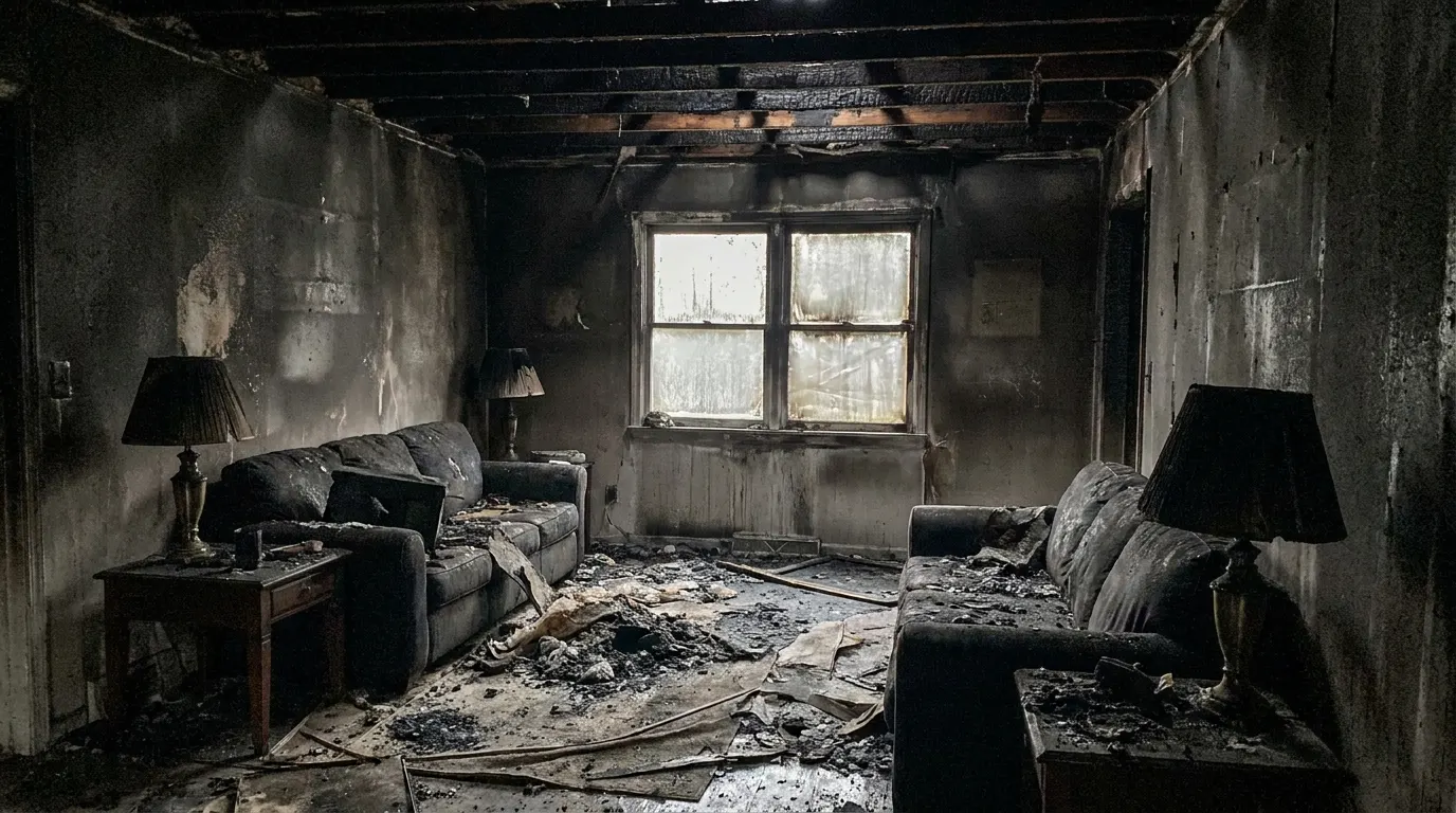 Living room with severe fire damage and charred walls before restoration