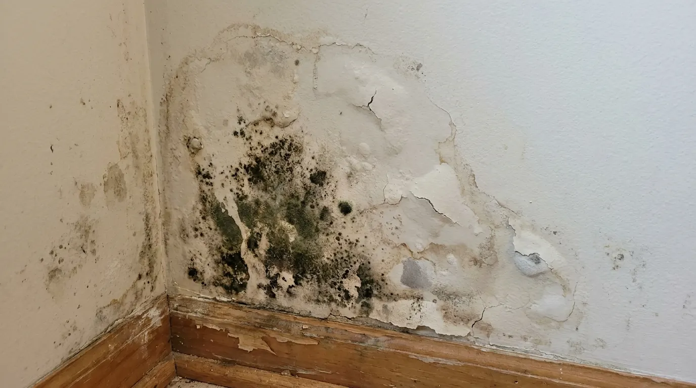 Bathroom wall with spreading mold before remediation