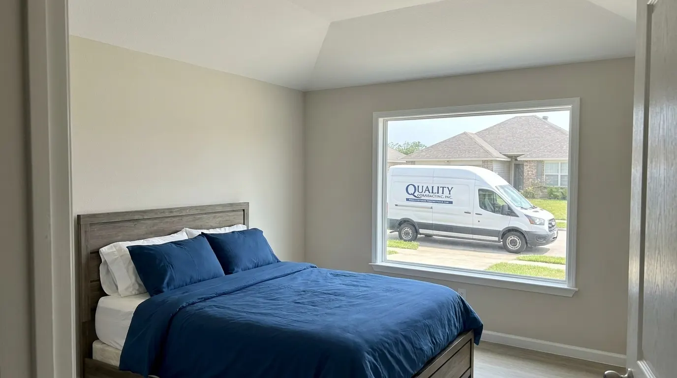 Same bedroom with rebuilt ceiling after storm damage restoration