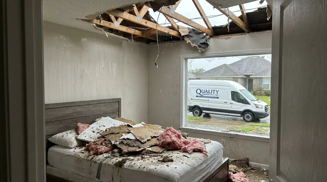 Bedroom with collapsed ceiling and storm debris before repair